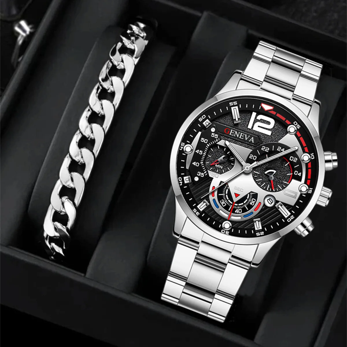 2pcs Mens Luxury Silver Quartz Watch With Stainless Steel Bracelet Men Fashion Business Casual Watch Luminous Clock