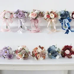YeeNanee 9 inch Rustic Wedding Bouquets for Bride Bridsmaid Blue Pink Artificial Flowers Small Bouquet for Proposal Ceremony