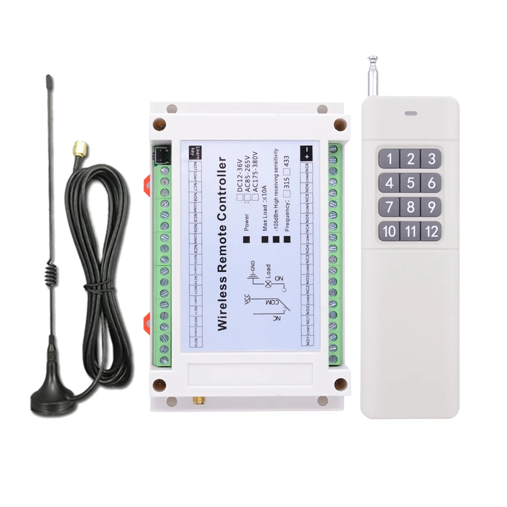 DC 12V 24V 36V 12CH 433M RF Wireless Remote Control Switch Radio Receiver Module 10A Relay Industrial Grade & Gate Garage opener