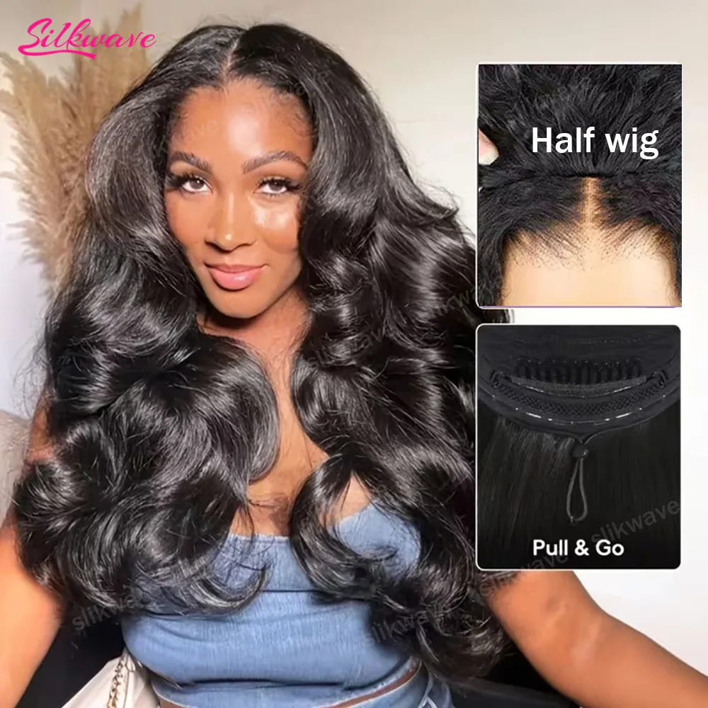 

3 IN 1 Half Wigs Body Wave Human Hair Upgrade Seamless Clip Ins Flip Over Wig 200 Density Body Wave Glueless Wig With Drawstring