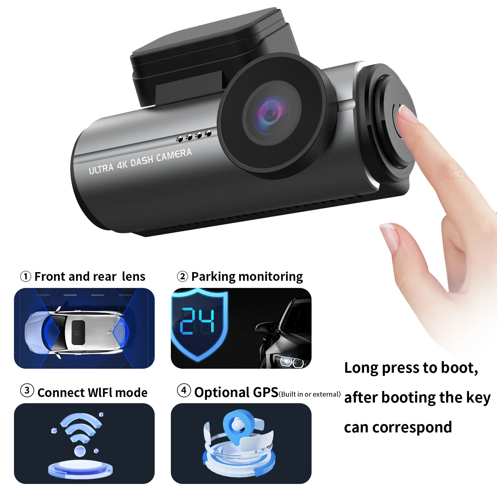 Custom Car Dash Camera 4K+1080P Front and Rear Built-in WiFi Night Vision 24 Hours Parking Monitor Gravity Sensor Dual Dashcam