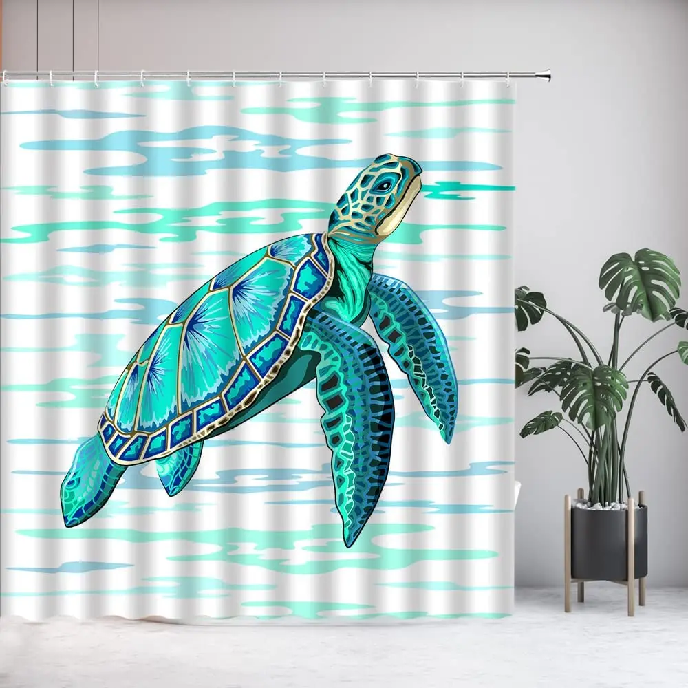 

Sea Turtle Shower Curtain Watercolor Ocean Animals Underwater Creature Green Teal Landscape Beach Print Bathroom Decor Polyester