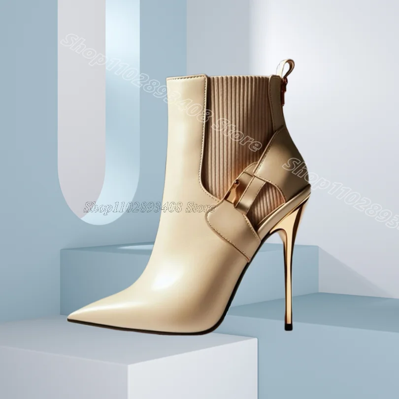 

Splicing Leather Stiletto Short Boots Pointed Toe British Style Design for Women Casual Party Short Boots Zapatos Para Mujere