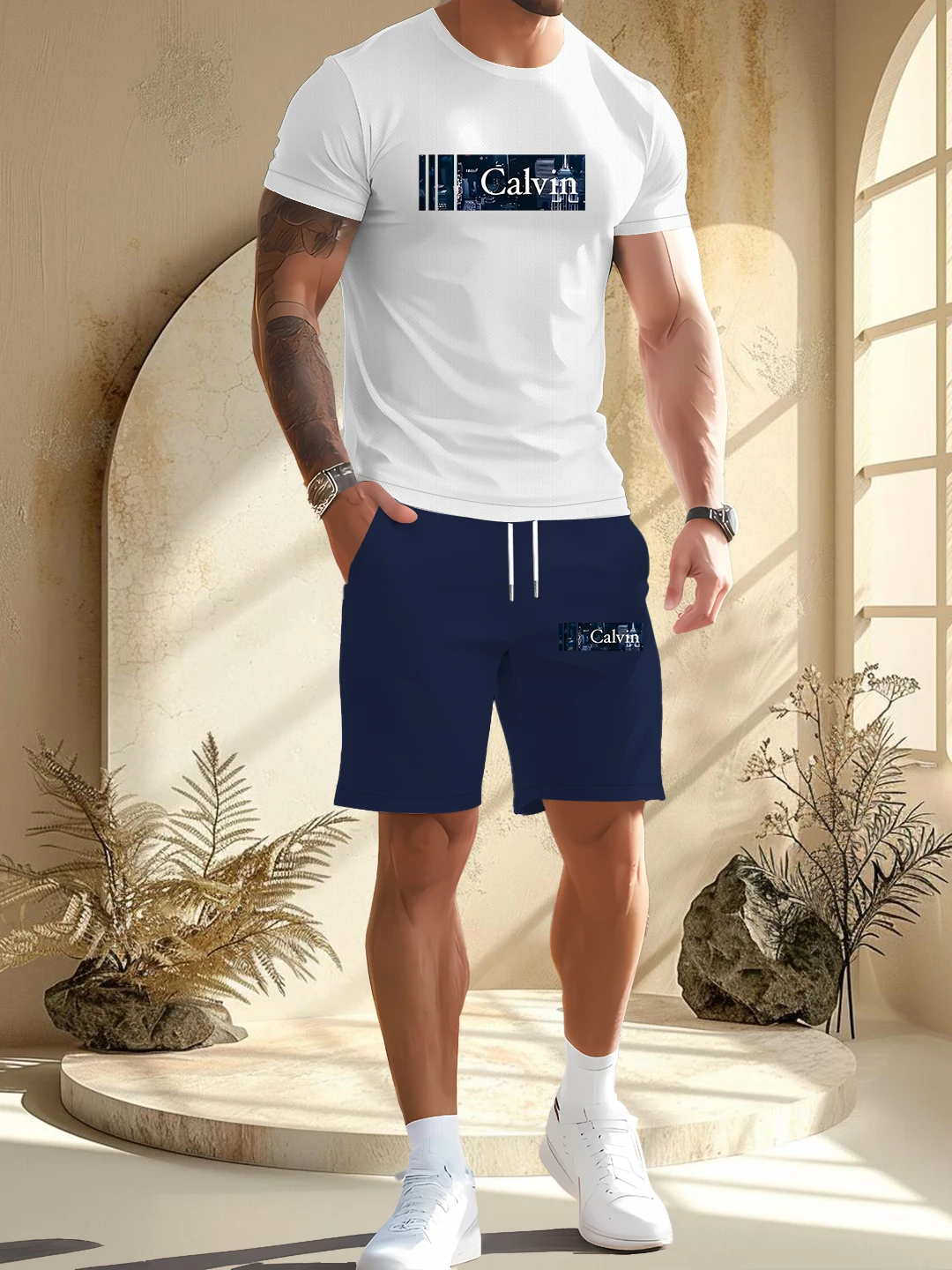

2025 Summer Men's Geometric Pattern Letter Short-sleeved Fashionable Street Casual T-shirt Set, Suitable for Both Men and Women