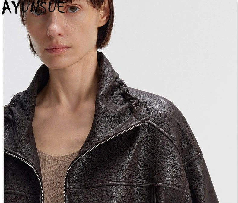 AYUNSUE Vera Pelle di Capra Giacca di Pelle Genuina per la Donna Nero Donna Giubbotti Loose Fit Primavera Autunno Vestiti │ ngaха Жiichtха Ж miscecud