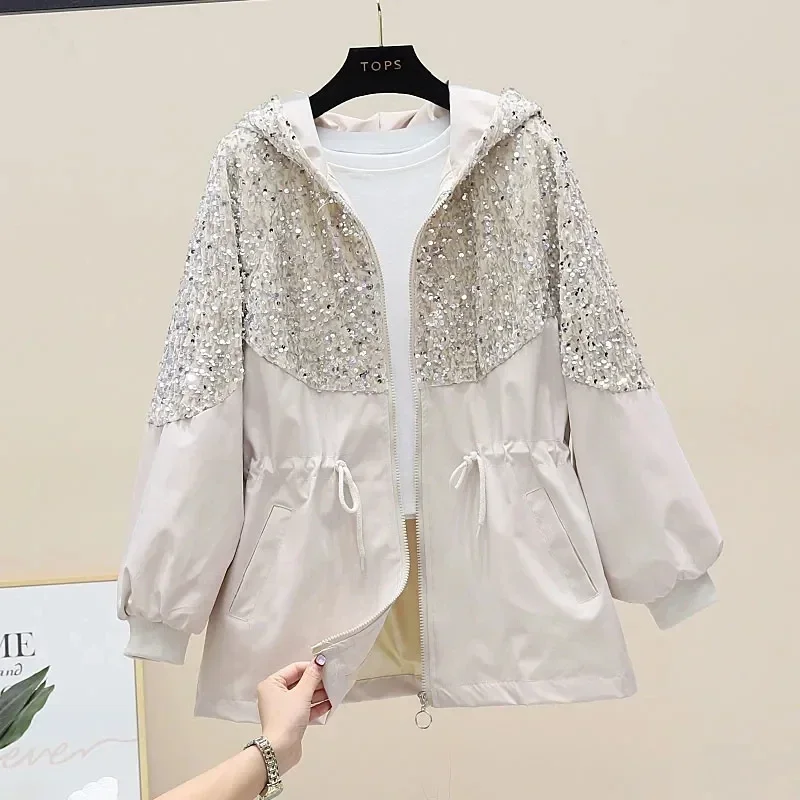 Pop Women'S Coat Spring Autumn 2025 New Sequins Stitching Waist Drawstring Hooded Windbreaker Femmale Hooded Trench Jacket