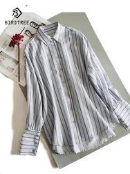 Birdtree 30%Mulberry Silk 70%Cotton Woman Striped Shirts Drop Sleeves Loose Chic Blouses 2023 Spring Summer Printed Top T37659QC