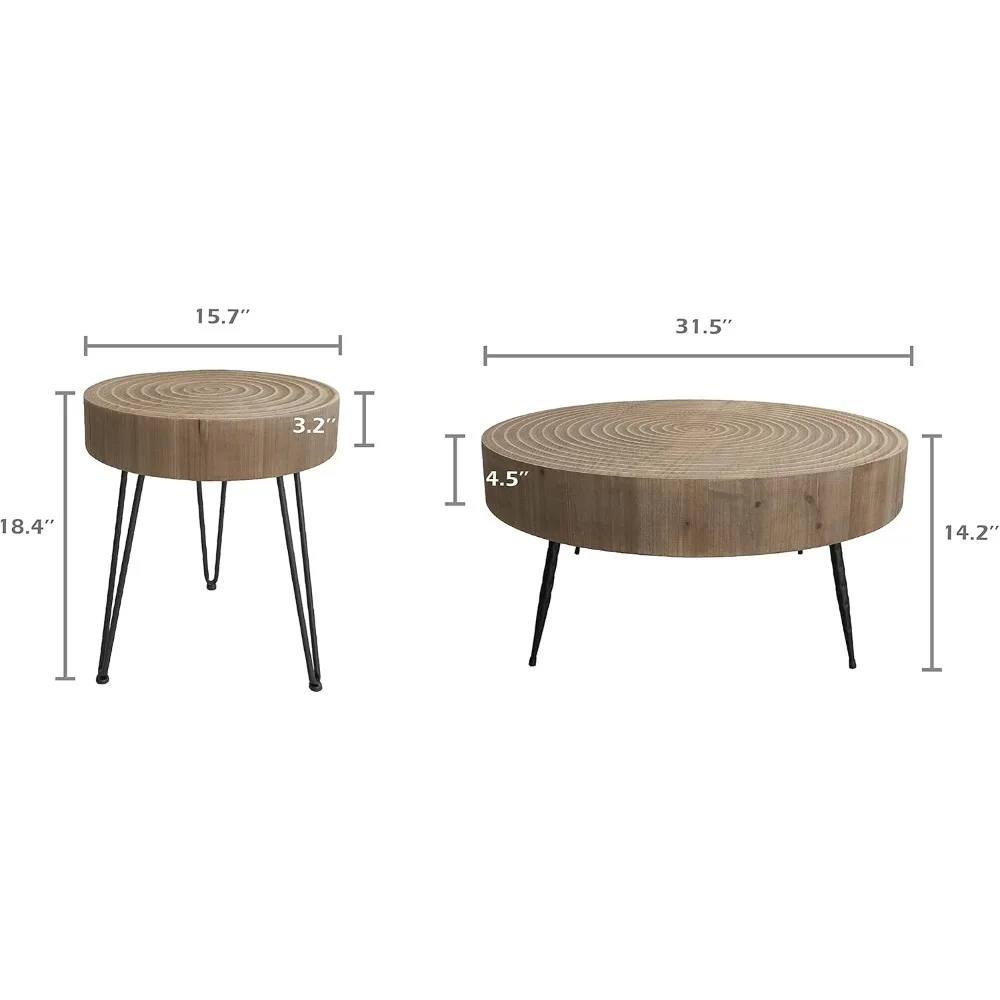 Mesas nido estilo granja boho con motivo de anillo de madera, juego de mesa de centro redonda con acabado natural para sala de estar