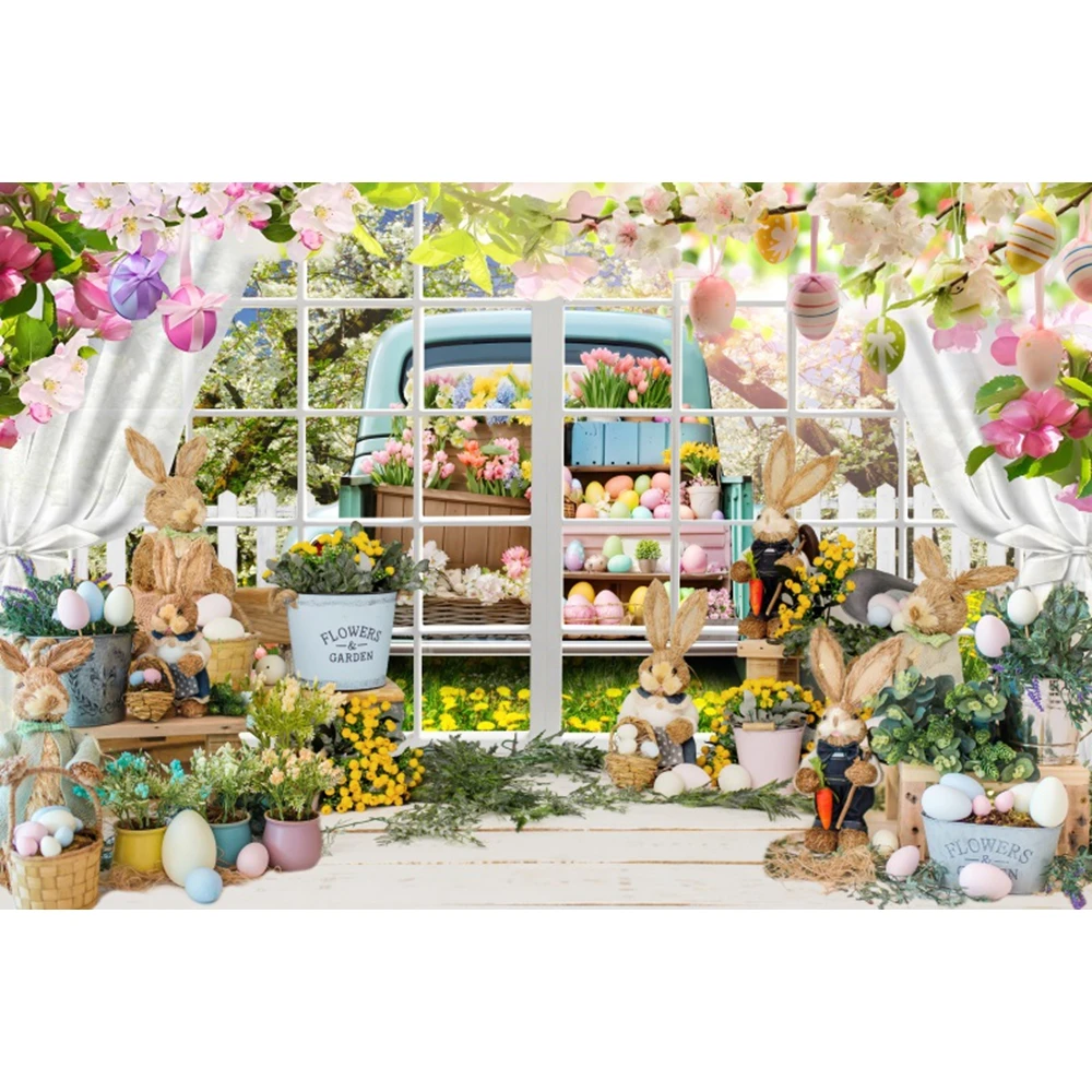 Spring Easter Backdrop for Photography Rabbit Colorful Eggs Flower Bunny Truck Garden Easter Baby Shower Background Photo Studio
