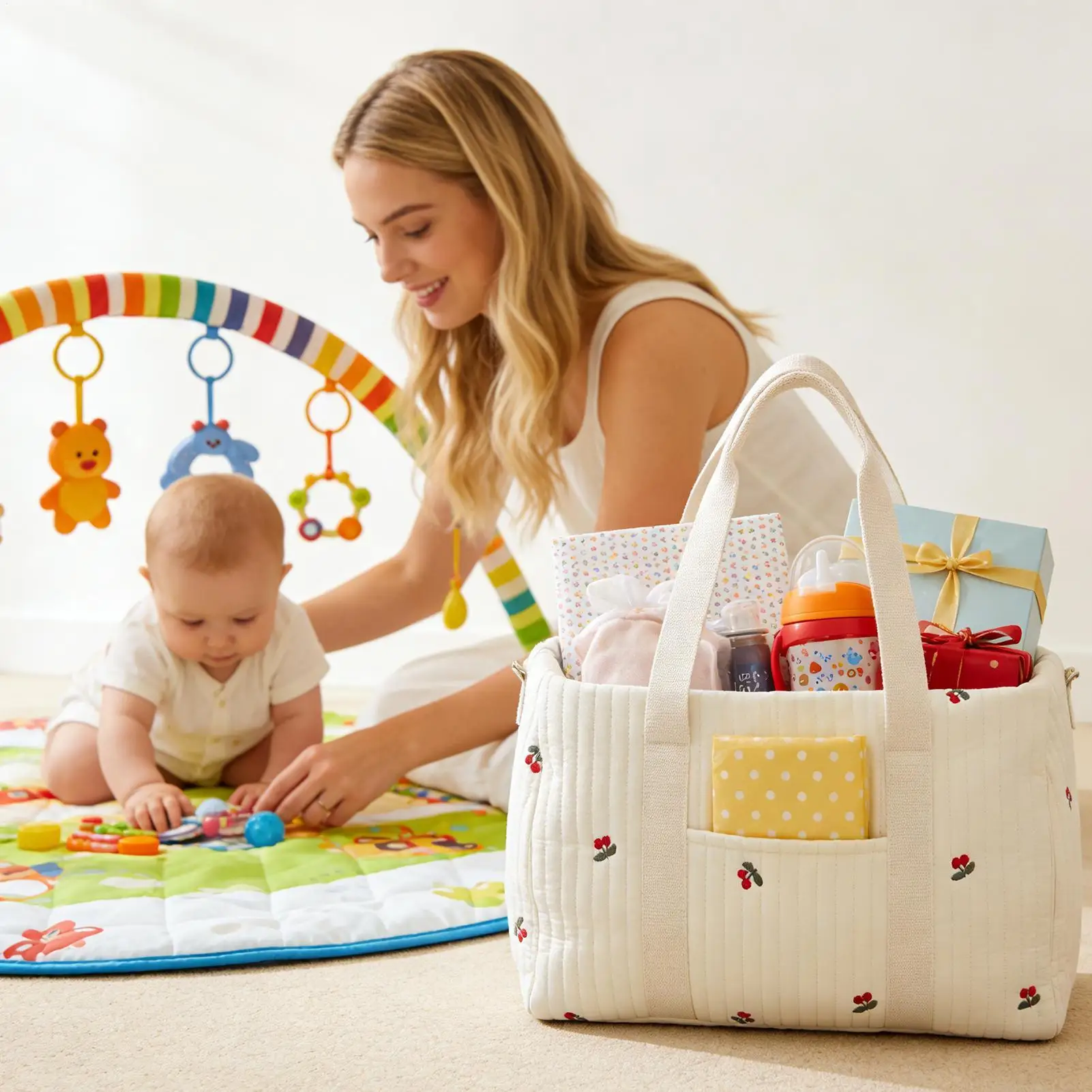 

Tote Diaper Bag Large Capacity Embroidered Tote Hospital Bag For Gym Work School Outdoor Park Shopping Trip