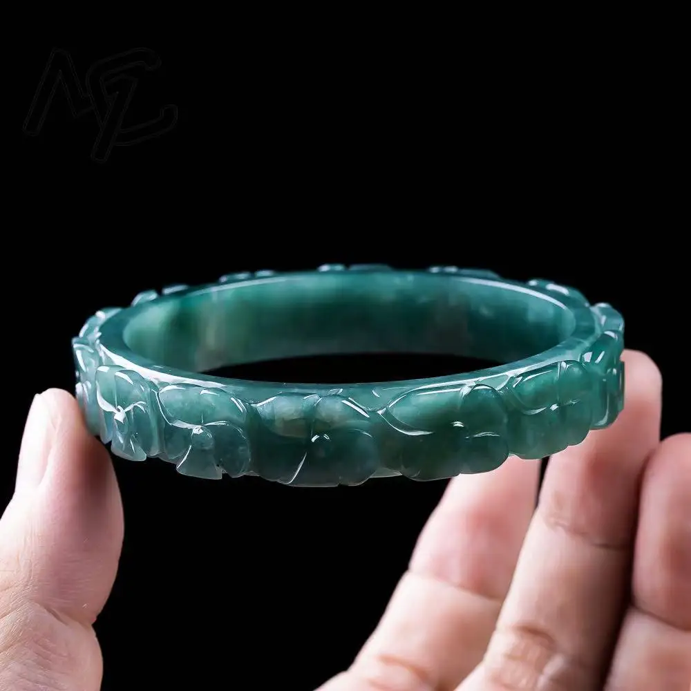 Real Natural Blue Water Emerald Jade Flower Bracelet Pendant Carved Charm Jadeite Jewelry Fashion Amulet Gifts for Men Women view 2