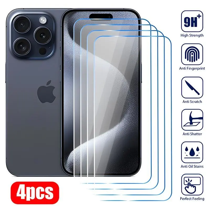 4Pcs 10000D Tempered Glass for IPhone 15 14 13 12 11 Pro Max Screen Protector for IPhone 15 14 Plus X XR XS Max 14Pro Glass Film