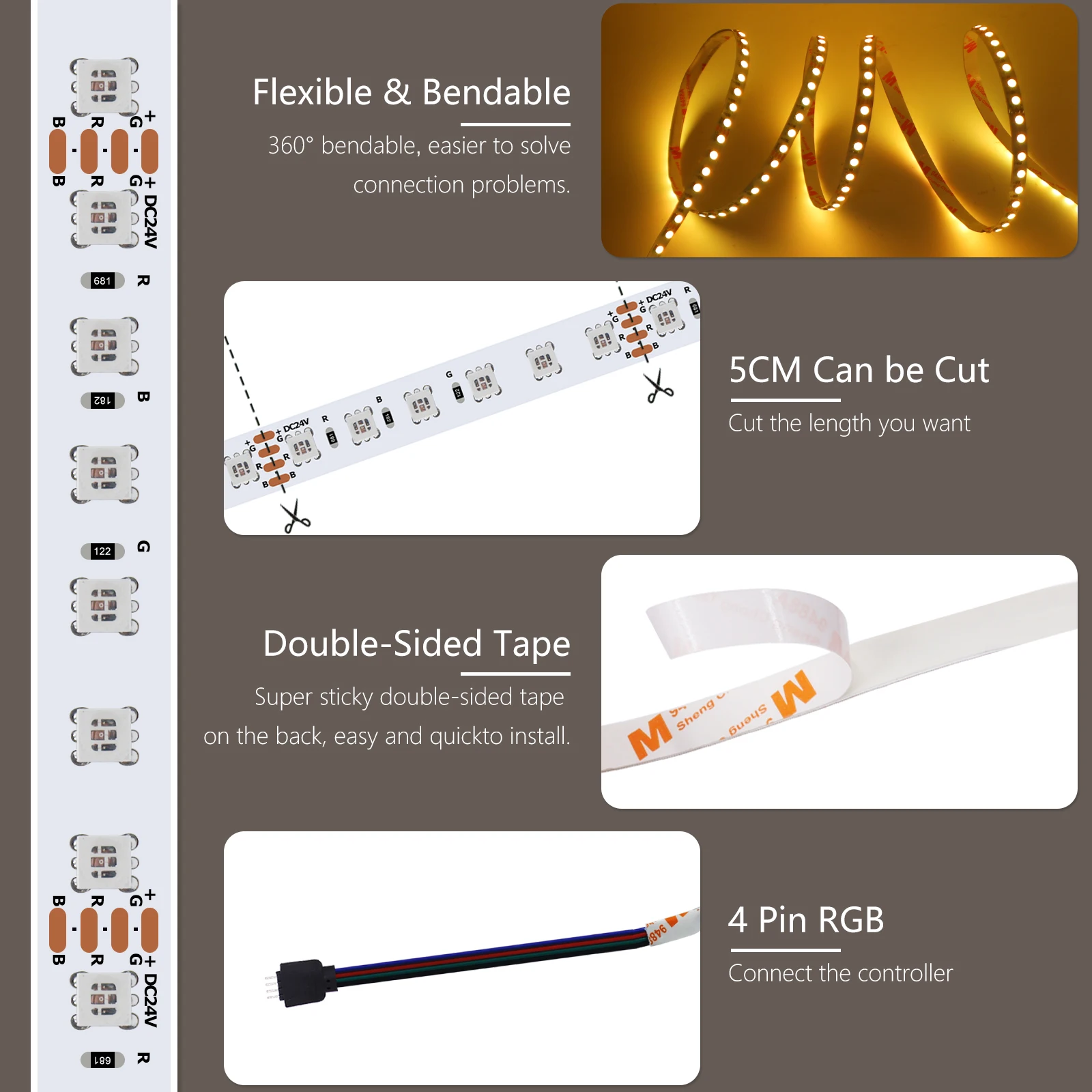 5M 10M RGB LED Strip 12V 24V Flexible LED Tape Ribbon 3535 120LEDs LED Rope Light with Adhesive for Home Decoration