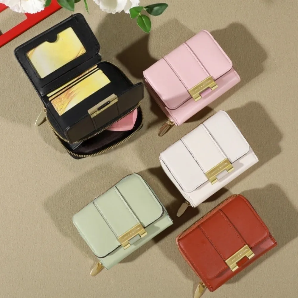 Fashion Solid Color Fold Wallet Short Korean Style Card Holder PU Leather Handheld Coin Purse Travel