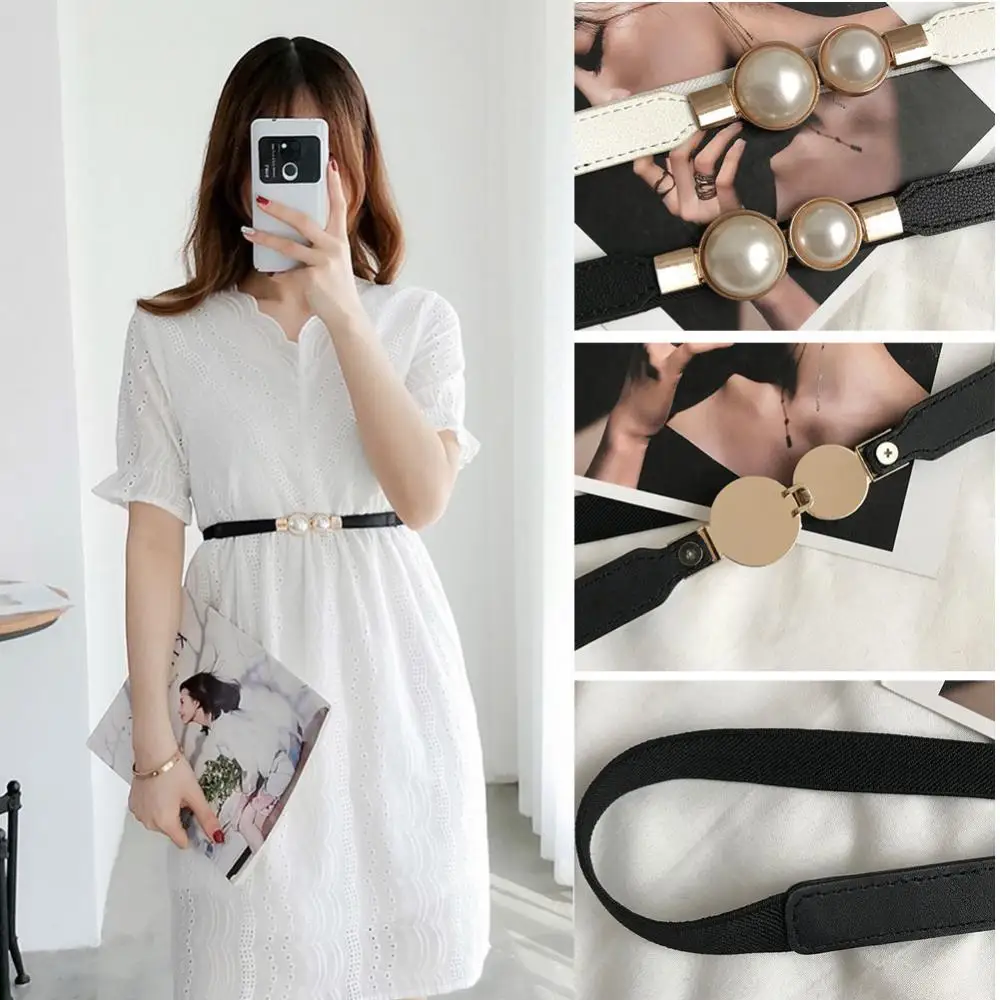 

2022 New Women Belt Retro Pearl Metal Buckle Thin Belt Ladies Dress Elastic Belt Narrow Stretch Waist Elastic Girdle Waistband