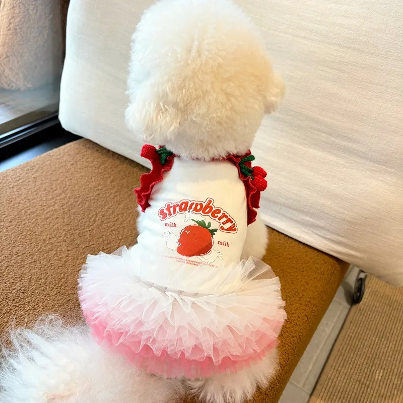 

Pet Strawberry Mesh Princess Dress Summer Cherry Vest Cat Clothes Strap Skirt Small Dog Puff Skirt Dog Dresses for Small Dogs