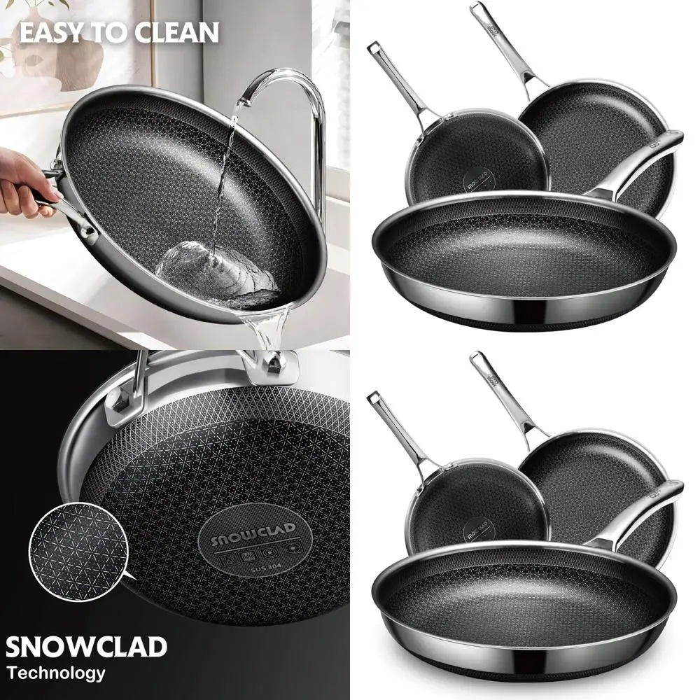 

3-Piece Nonstick Cookware Set: 8, 10, & 12 Inch Frying Pans, Dishwasher and Oven Safe, PFOA-Free Stainless Steel