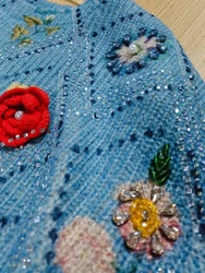 Real Photo Diamonds Stitch Autumn Winter Knitwear Sweater Women's Vintage Blue New Knit Pullover 3D Flowers Knitted Tops Jumpers