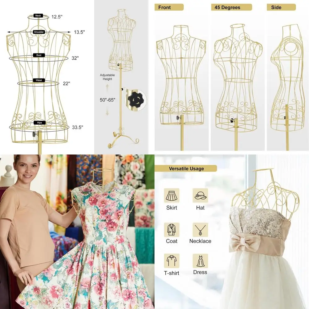 

Adjustable Height Gold Female Dress Form Mannequin with Metal Stand for Clothing Display