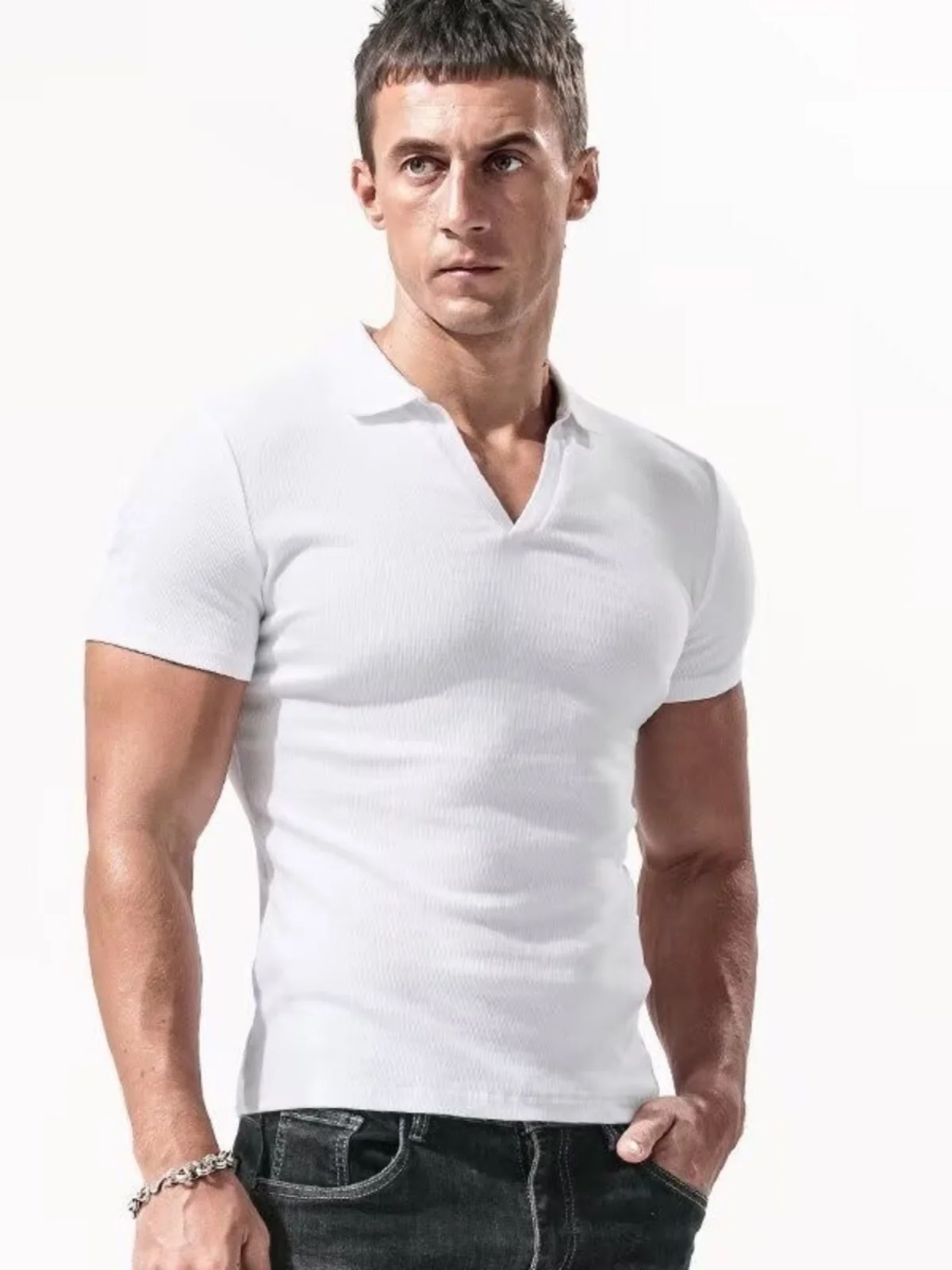 Men's Summer Short Sleeve T-Shirt  Neck Pure Color Retro Ice Silk Elastic Trendy V-neck Slim Fit Body Shirt Simple Design
