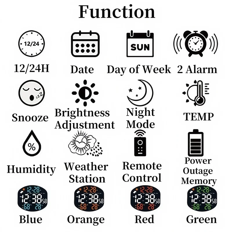 Wetterstation Große Digitale Wanduhr TEMP Luftfeuchtigkeit Datum Woche Nachtmodus Tischuhr 2 Alarme 12/24H USB LED Wecker – Detail 3