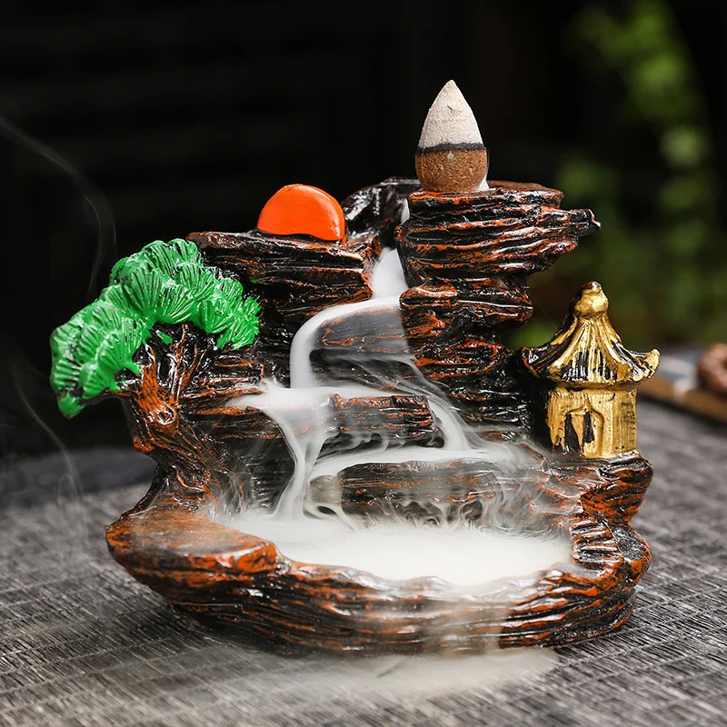 Vintage Resin Backflow Incense Burner Zen Landscape Waterfall Backflow Incense Stick Holder for Office Home Living Room Decor