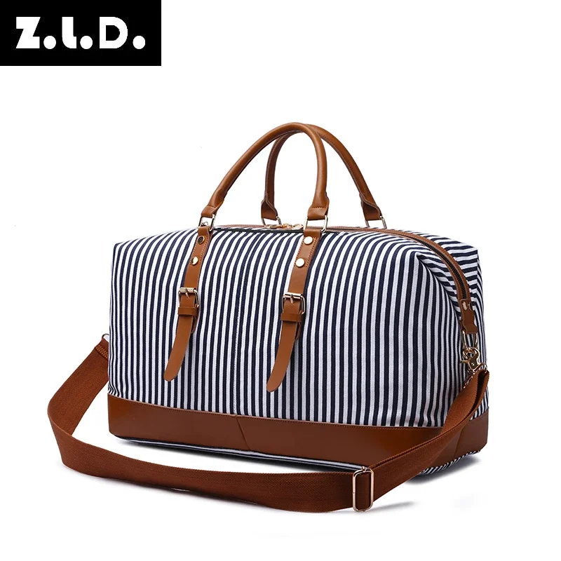 ZUOLUNDUO Women Canvas Travel Bags Striped Travel Tote Large capacity Carry On Luggage Handbags Canvas Handbag Woman Travel bags