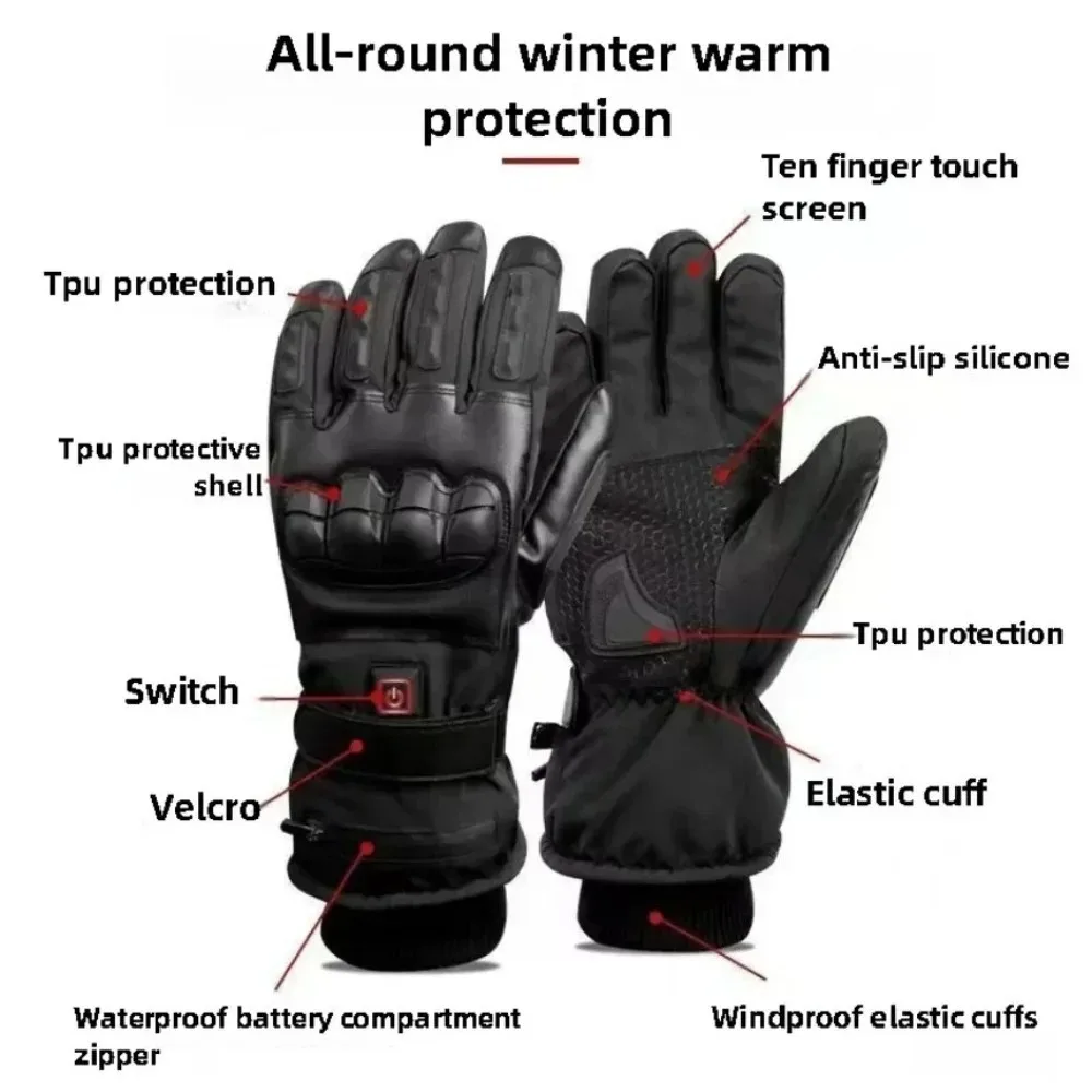 Winter Heated Gloves Rechargeable Motorcycle Electric Thermal Waterproof Touchscreen 3 Levels Ski Hiking Moto Hand Warmer Men