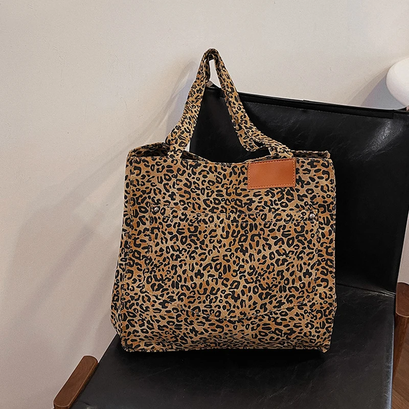 Oversized Leopard Prints Shoulder Bags for Women Deformable Canvas Large Capacity Shopping Totes 2024 Winter New Luxury Handbags