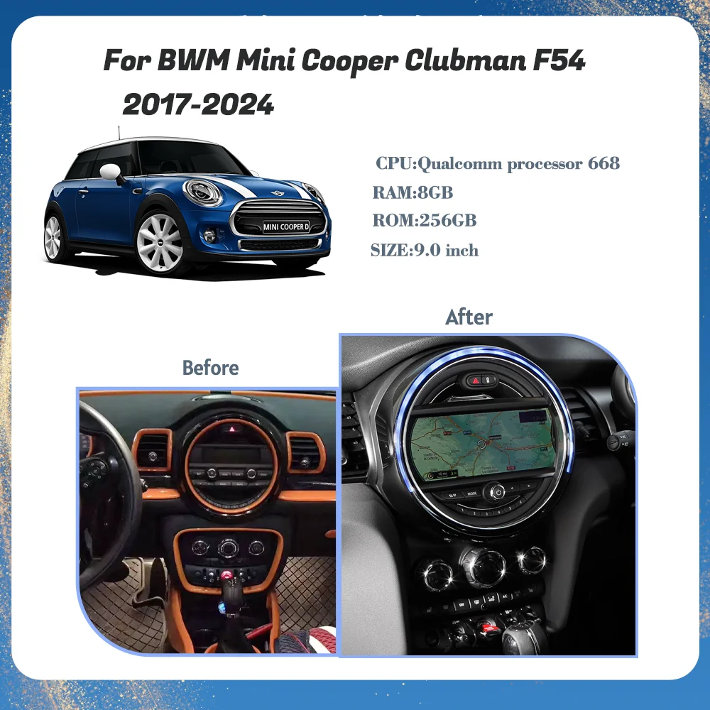 9.0-inch Android 13 For BWM Mini Cooper Clubman F54 2017-2024     GPS Navigation Radio Carplay 4G Multimedia Player