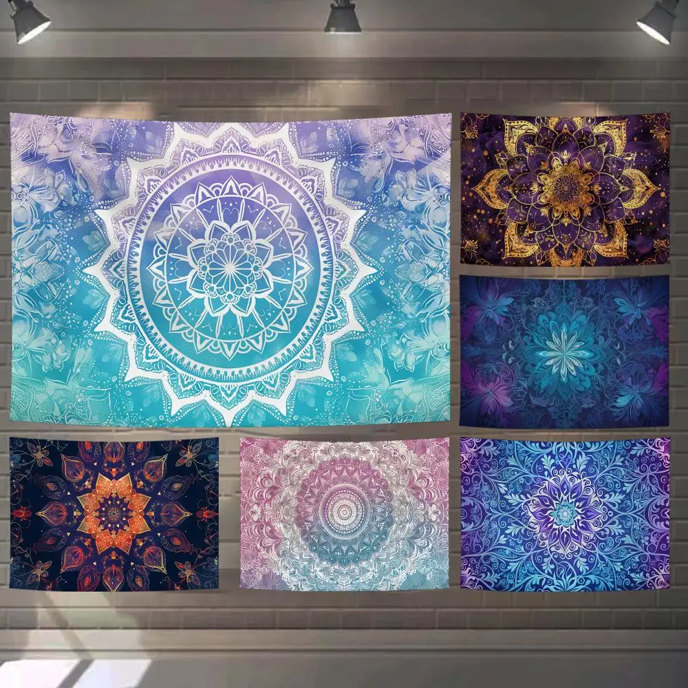 Colorful Mandala Flower Tapestry Custom Living Bedroom Party Dormitory Interior Wall Bohemian Decoration Attached Clip