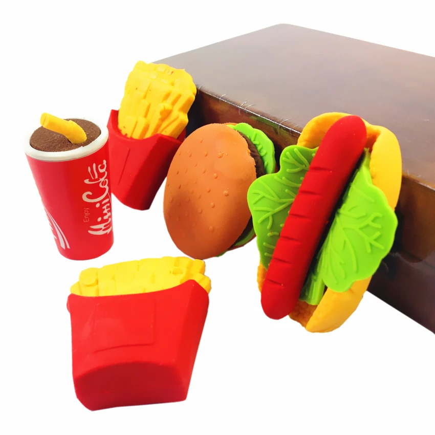 

1pcs/lot Mini Kawaii hot dog Office supplies French fries Food Eraser Gift for kids design gifts erasers