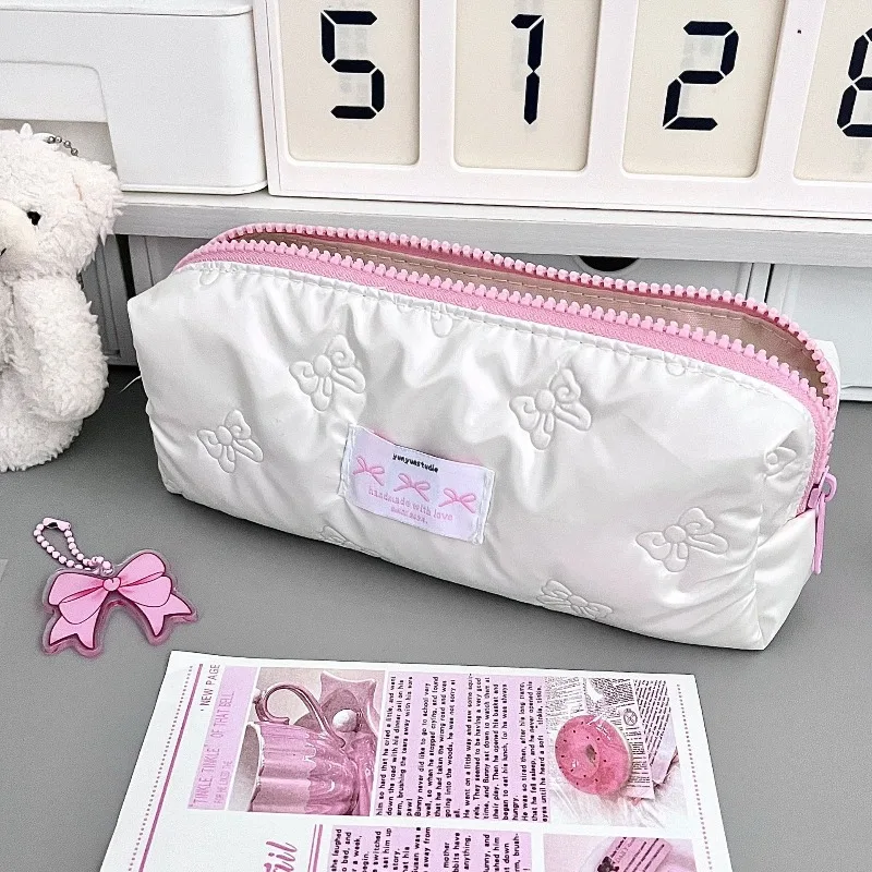 1 Stück Multifunktionale Schreibwaren-Organizer-Tasche Kreatives Rosa Schleifenmuster Federmäppchen Große Kapazität Aufbewahrungstasche im Instagram-Stil
