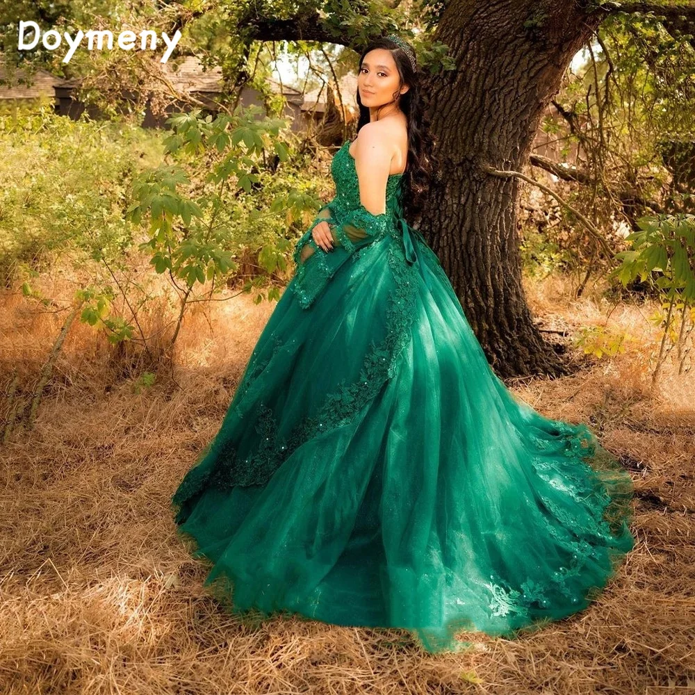 Doymen-modern Flare lengan panjang gaun Quinceanera manik-manik applique Vestido De 15 Anos manis 16 gaun dipersonalisasi