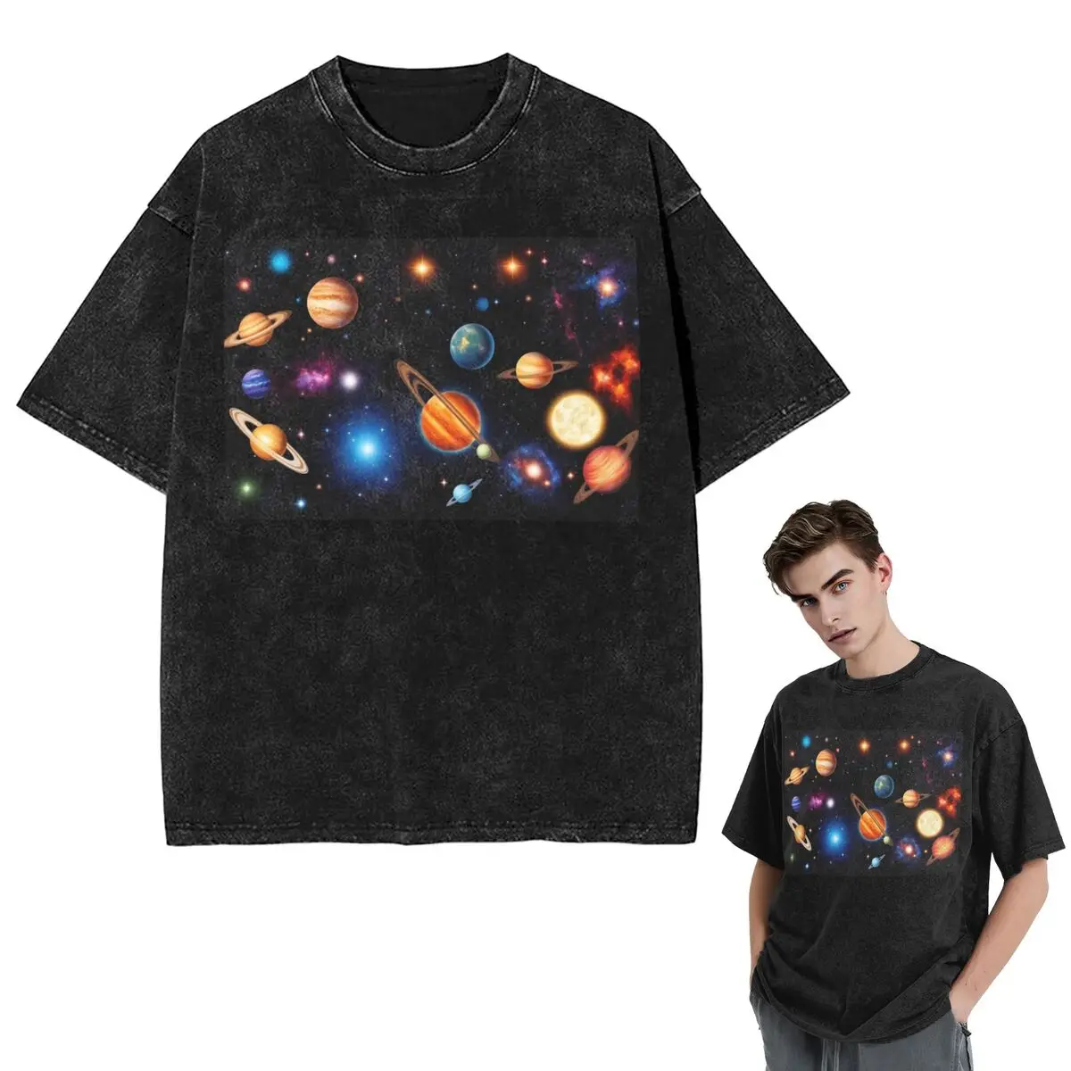 

Streetwear T-Shirts Solar System Space Planets Universe Washed T Shirt Short Sleeve Hip Hop T-Shirt Tops Tees for Men Women