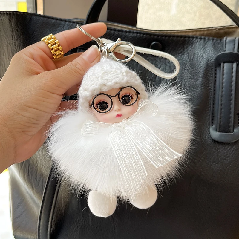 Cute Big Eyed Doll Pompom Keychain Real Fox Fur Bag Charm for Women Bag Key Ring Fine Jewelry Accessories Kids Girl Gift