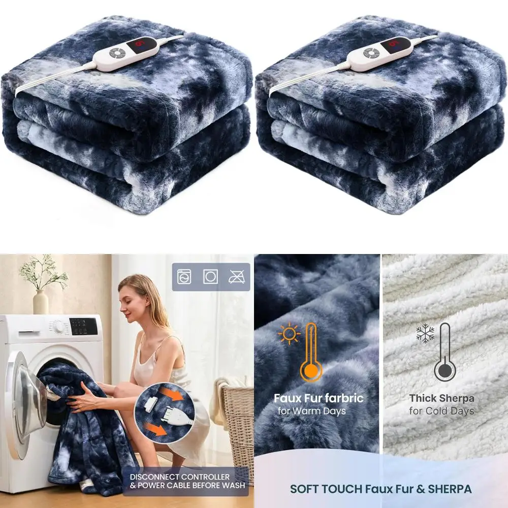 

Luxury Blue Twin Size Faux Fur Electric Throw Blanket, 62x84, 6 Heat Levels & 12H Auto Shut-Off