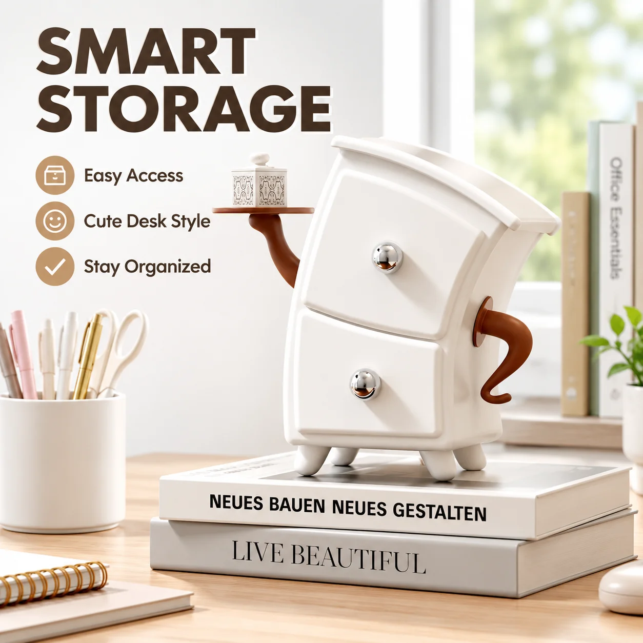 Retro Cute Leaning Desk Organizer Slanted Storage Box with Arms Akimbo Design, HIPS+PP Material for Office School Supplies