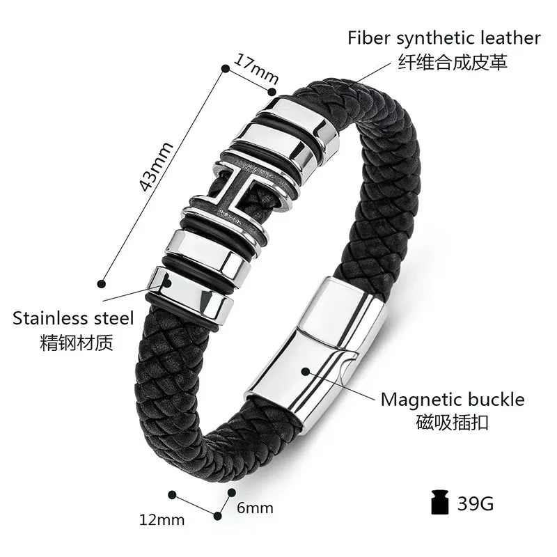 Bracelet Men's Stainless Steel Genuine Leather Braided Bracelet Handmade H Stainless Steel Metal Leather Bracelet Lewelry