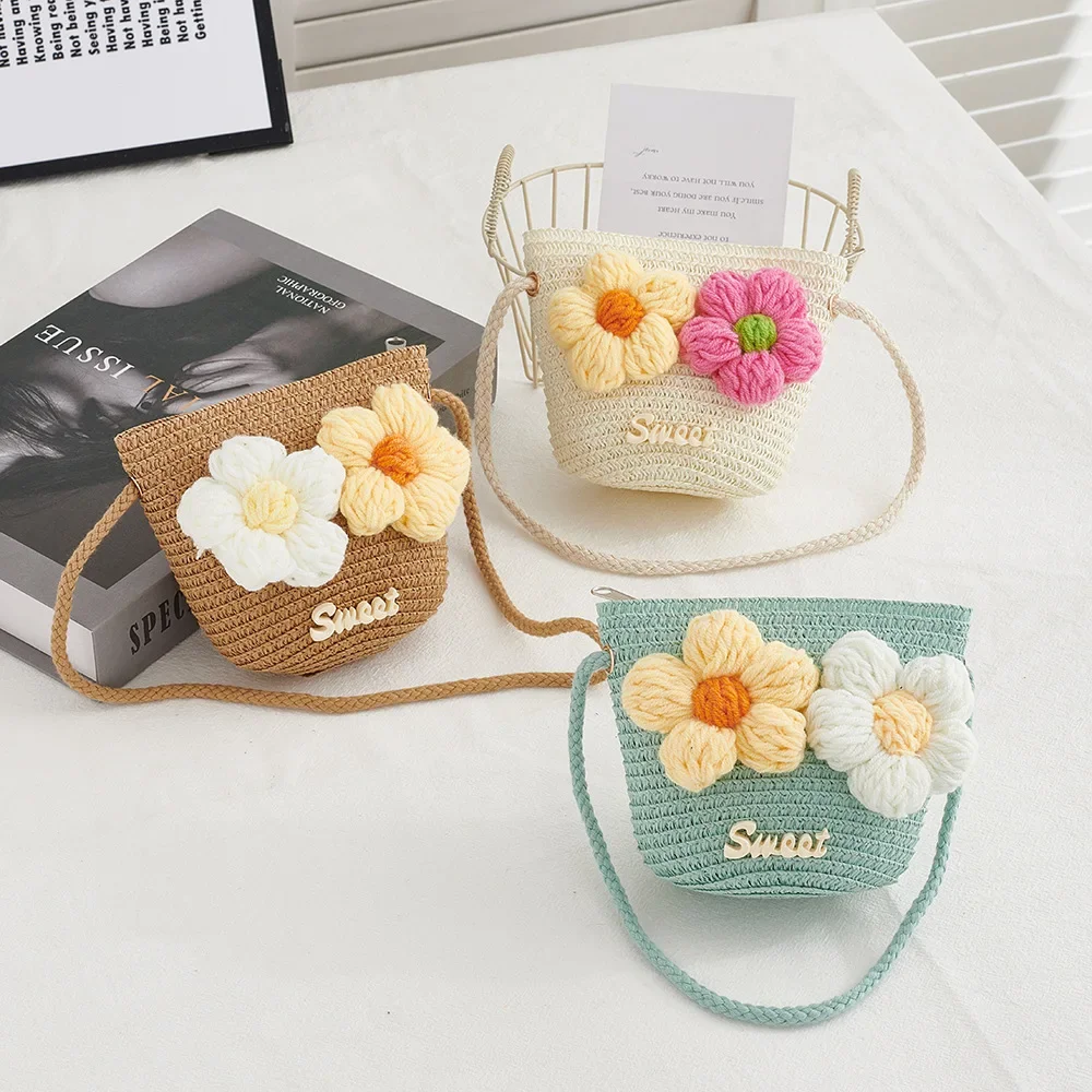 Summer Flower Baby Girls Straw Woven Shoulder Bags Outdoor Travel Kids Beach Crossbody Bucket Bag Casual Children Purse Handbags