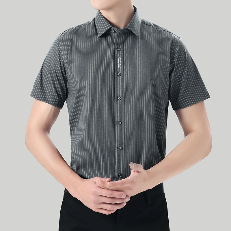 Camisa polo listra de seda gelo masculina com gola polo, manga curta, solta, de peito único, simples, casual, de negócios, moda verão