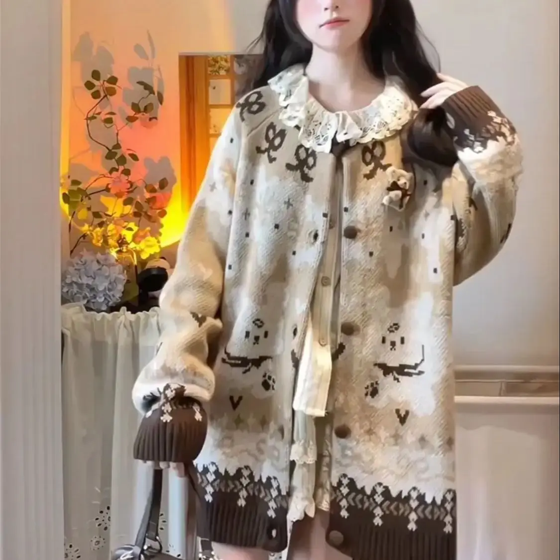 

Soft Girl Cardigan Sweater Women College Style Retro Cartoon Jacquard Soft Waxy Student Autumn Winter Loose Slim Knitted Jacket