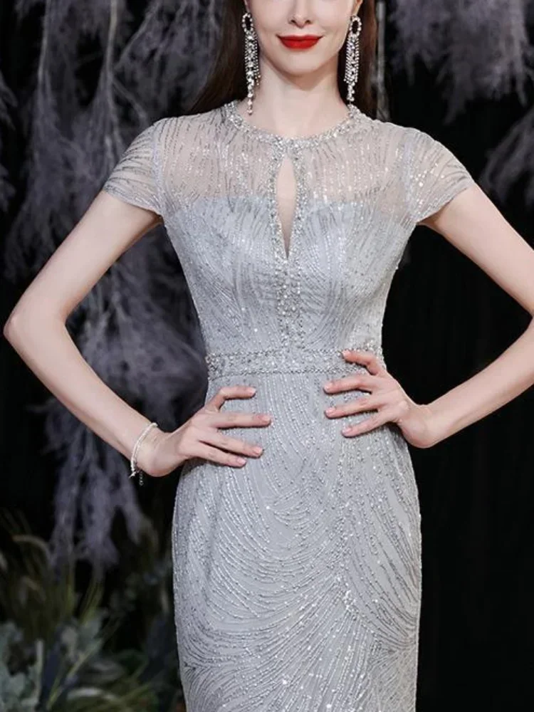 Robe de Soirée à Paillettes à Col Rond, Coupe Cintrée, Simple et Élégante, Tenue de Bal en Forme de Trompent, Tempérament Éducatif