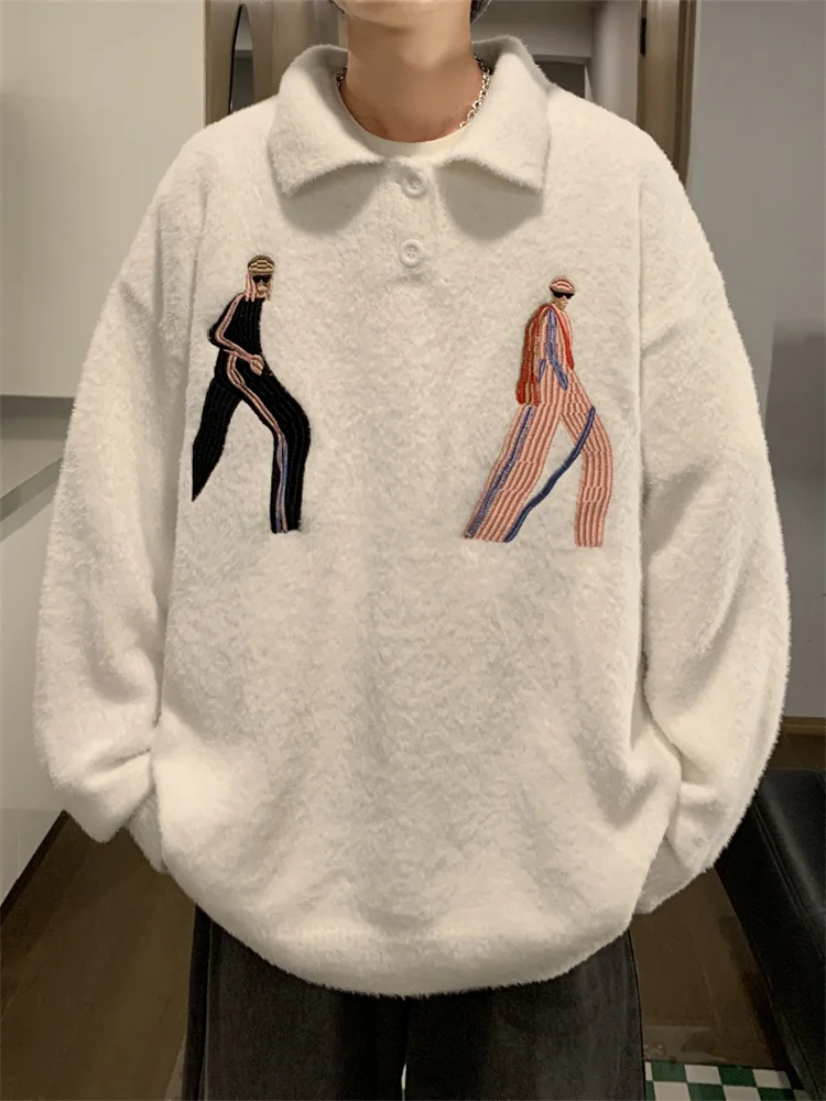 

Модный вязаный свитер для пар, мужской и женский, с высококачественной вышивкой, в американском стиле, с отложным воротником, верхняя одежда