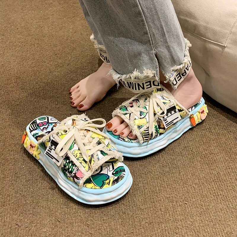 Fashion Design Summer Women Slippers Platform Shoes Graffiti Mules Flip Flops Street Sandals Clogs Flat Casual Shoes For Female