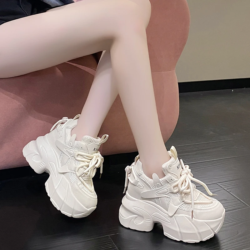 Summer Women Mesh Sneakers New Casual Platform Trainers Chunky Shoes 9.5CM Heels Wedge Breathable Height Increasing Shoes Woman