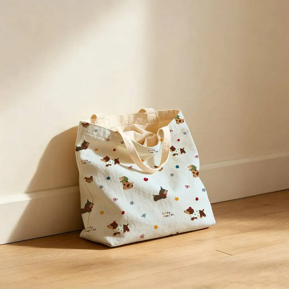 Lucky Puppies Canvas Tote Bag Waterproof Lining Large Capacity Reusable Shopping Bags Casual Student Daily Handbag