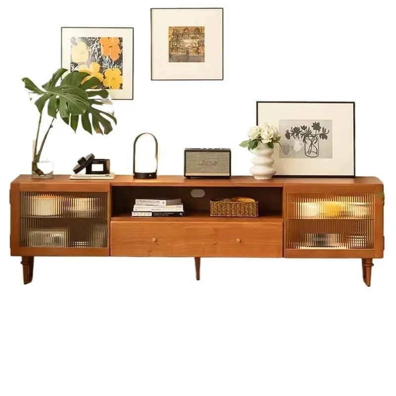 Retro Solid Wood TV Cabinet with Glass Storage Simple Cherry Wood Log Coffee Table Combination for Small Apartment Living