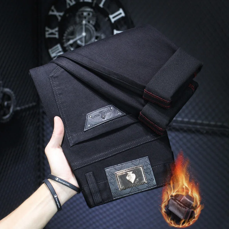 Black Fleece-Lined Thickened Jeans Men's Winter Slim Fit Skinny Pants Casual All-Match Stretch High-End Men's Trousers