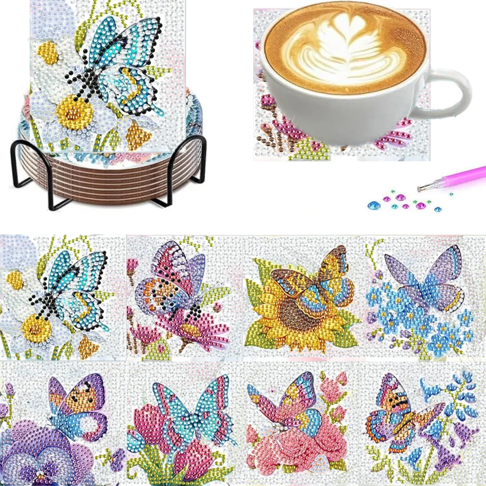8 pieces/set of diamond art painting coasters with brackets, DIY butterfly patterned diamond art coasters, suitable for both adu
